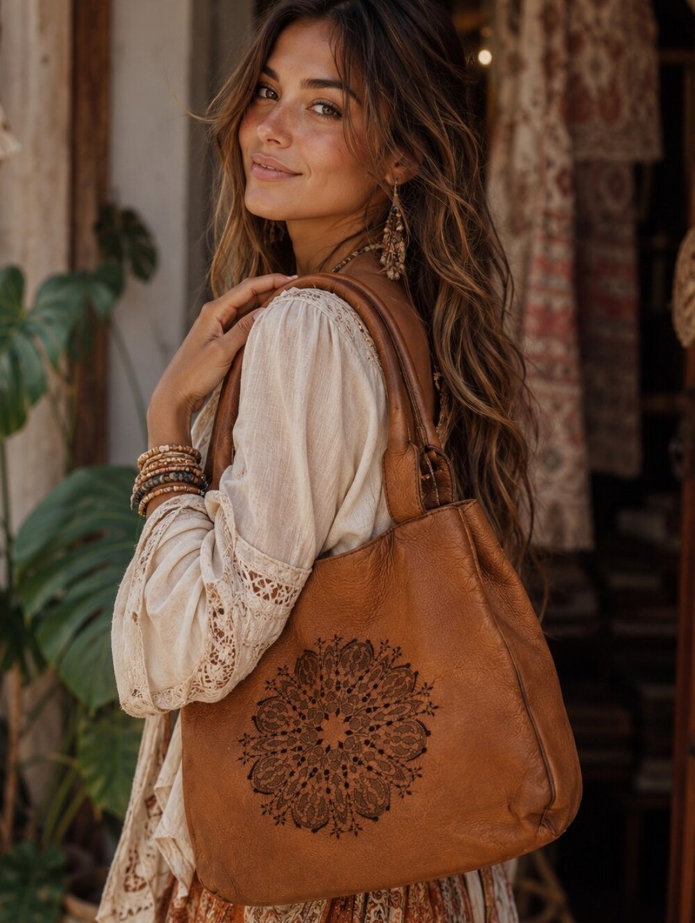 Vintage Mandala Leather Perforated Bohemian Shoulder Bag Made in India Unbrande